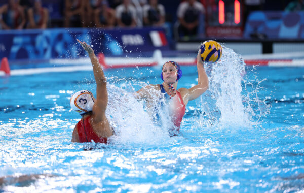 Juliette Dhalluin (FRA) competes in Water-Polo Women's Group A match between Spain and France during the Olympic Games Paris 2024, at Aquatics Centre, in Saint-Denis, France, on July 27, 2024, Photo Antoine Couvercelle / KMSP || 001365_0041 SPORT OLYMPIC GAMES JEUX OLYMPIQUES PARIS 2024 WATER POLO 2024