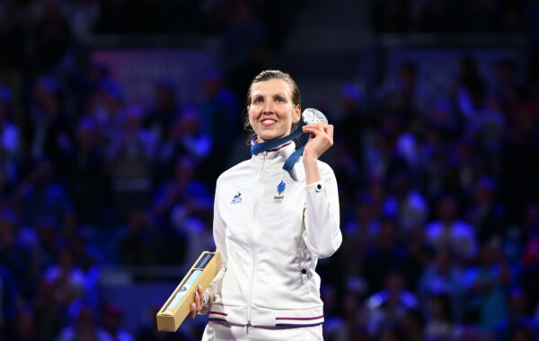 Auriane Mallo-Breton (FRA) wins the silver medal in Fencing Women's Epee during the Olympic Games Paris 2024, at Grand Palais, in Paris, France, on July 27, 2024, Photo Philippe Montigny / KMSP || 001371_0002 SPORT SILVER MEDAL PODIUM OLYMPIC GAMES JEUX OLYMPIQUES FENCING PARIS 2024 ESCRIME 2024