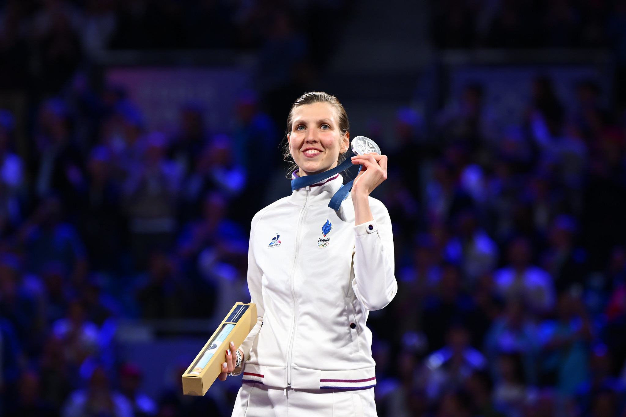 Auriane Mallo-Breton (FRA) wins the silver medal in Fencing Women's Epee during the Olympic Games Paris 2024, at Grand Palais, in Paris, France, on July 27, 2024, Photo Philippe Montigny / KMSP || 001371_0002 SPORT SILVER MEDAL PODIUM OLYMPIC GAMES JEUX OLYMPIQUES FENCING PARIS 2024 ESCRIME 2024