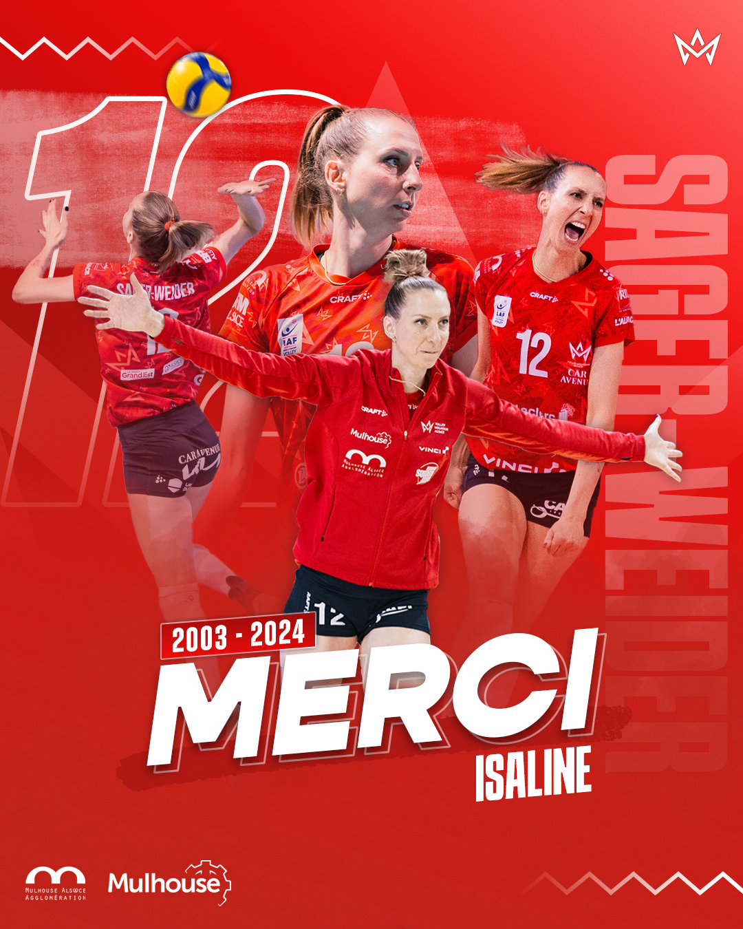 Volley Mulhouse Alsace remercie Isaline Sager-Weider pour sa belle dernière saison. Une retraite qui ne sera pas célébrée aux JO de Paris 2024. 