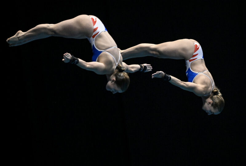 Jade Gillet and Emily Hallifax of France competes in the Synchronized 10m Platform Women Final during the 20th World Aquatics Championships at the Fukuoka Prefectural Pool in Fukuoka (Japan), July 16th, 2023./Sipa USA No Sales in Italy - Photo by Icon sport
