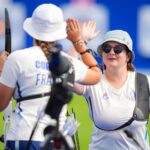 Caroline LOPEZ of France and Amelie CORDEAU of France in the individual Women's Archery during Paris 2024 Olympic Games at Hotel Des Invalides on July 25, 2024 in Paris, France. (Photo by Pierre Costabadie/Icon Sport) - Photo by Icon Sport