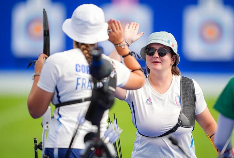 Caroline LOPEZ of France and Amelie CORDEAU of France in the individual Women's Archery during Paris 2024 Olympic Games at Hotel Des Invalides on July 25, 2024 in Paris, France. (Photo by Pierre Costabadie/Icon Sport) - Photo by Icon Sport