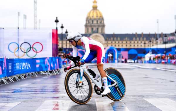 France's Juliette Labous during the Women's Individual Time Trial at Pont Alexandre III on the first day of the 2024 Paris Olympic Games in France. Picture date: Saturday July 27, 2024. Photo by Icon Sport