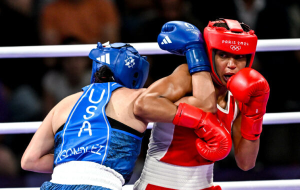 27 July 2024; Jajaira Gonzalez of Team USA in action against Estelle Mossely of France during the women's 54kg preliminary round of 32 bout at the North Paris Arena during the 2024 Paris Summer Olympic Games in Paris, France. Photo by David Fitzgerald/Sportsfile