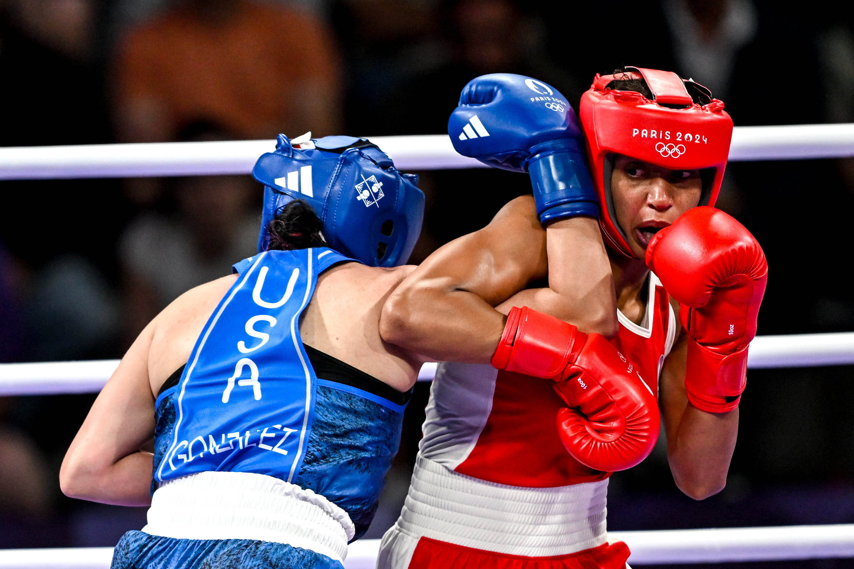 27 July 2024; Jajaira Gonzalez of Team USA in action against Estelle Mossely of France during the women's 54kg preliminary round of 32 bout at the North Paris Arena during the 2024 Paris Summer Olympic Games in Paris, France. Photo by David Fitzgerald/Sportsfile