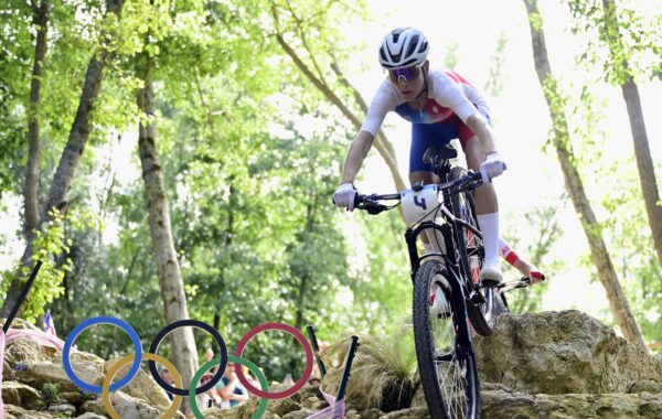 French Pauline Ferrand Prevot pictured in action during the women's cross-country cycling race of the Paris 2024 Olympic Games, at the Colline d'Elancourt climb near Paris, France on Sunday 28 July 2024. The Games of the XXXIII Olympiad are taking place in Paris from 26 July to 11 August. The Belgian delegation counts 165 athletes competing in 21 sports. BELGA PHOTO LAURIE DIEFFEMBACQ - Photo by Icon Sport