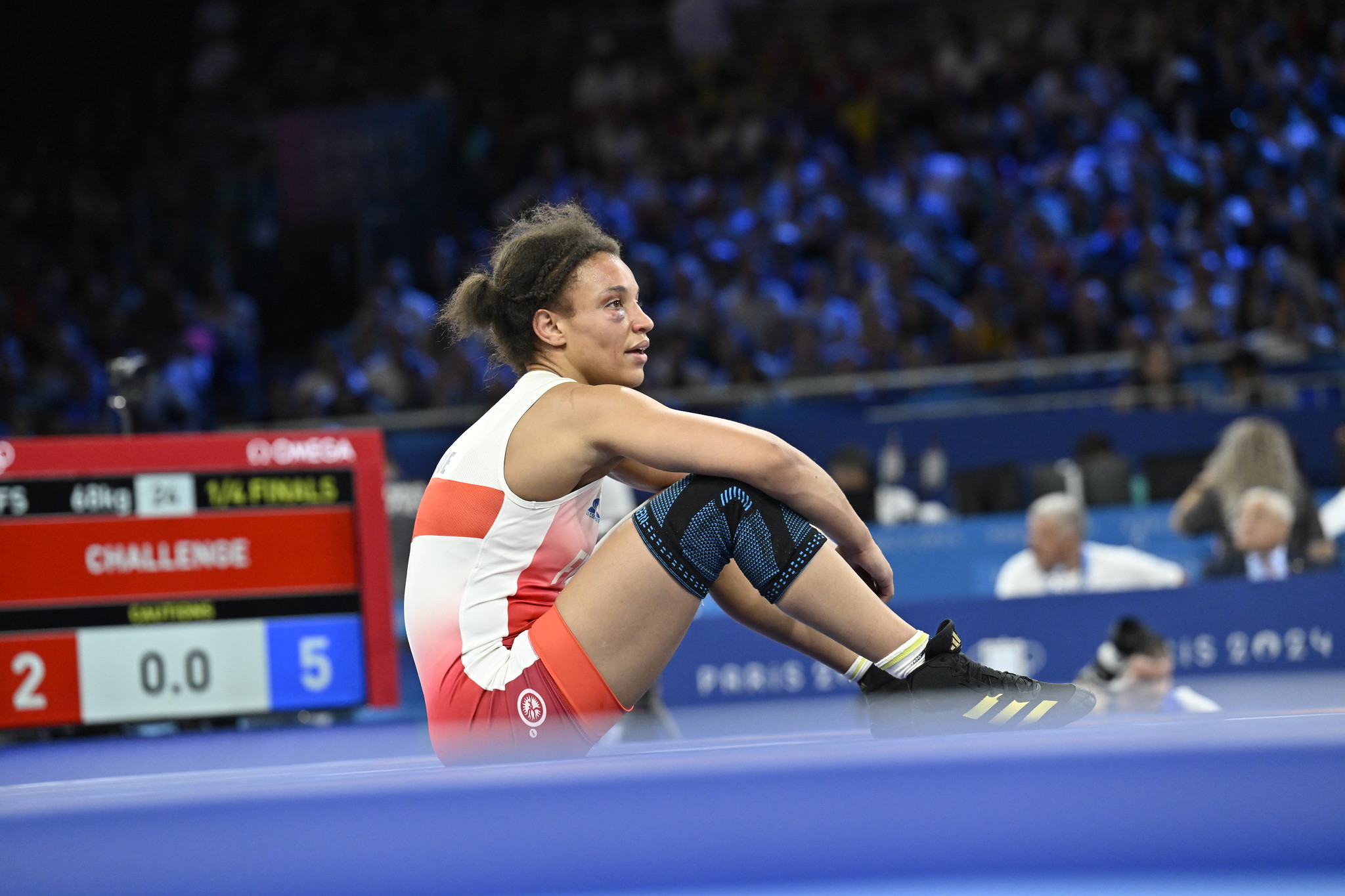 Koumba Larroque a été éliminée au stade des quarts de finale des quarts de finale de lutte féminine des JO de Paris 2024. CNOSF/KMSP