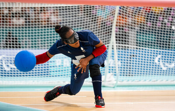 Gwendoline Matos (FRA) competes in Goalball Women's Preliminary Round Pool D match between Canada and France during the Paralympic Games Paris 2024, at South Paris Arena 6, in Paris, France, on August 29, 2024, Photo Yonathan Kellerman / KMSP || 001761_0071 SPORT FEMMES GAMES JEUX PARIS 2024 PARALYMPICS 2024