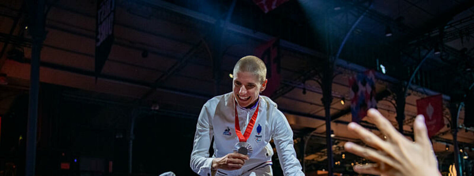 Marie Patouillet (FRA) wins the Silver Medal in Women's Para Track Cycling C4-5 500m Time Trial and attends the Medal Party during the Paralympic Games Paris 2024, at Club France, La Grande Halle de la Villette, in Paris, France, on August 29, 2024, Photo Didier Echelard / KMSP || 001764_0017 SPORT MEDAL CELEBRATION GAMES JEUX PARIS 2024 PARALYMPICS 2024