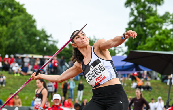 Auriana LAZRAQ KHLASS competes in the Womens Javelin throw event during the second day of Athletics French Championships at Parc des Sports du Lac de Maine Josette & Roger Mikulak on June 29, 2024 in Angers, France. (Photo by Daniel Derajinski/Icon Sport) - Photo by Icon Sport