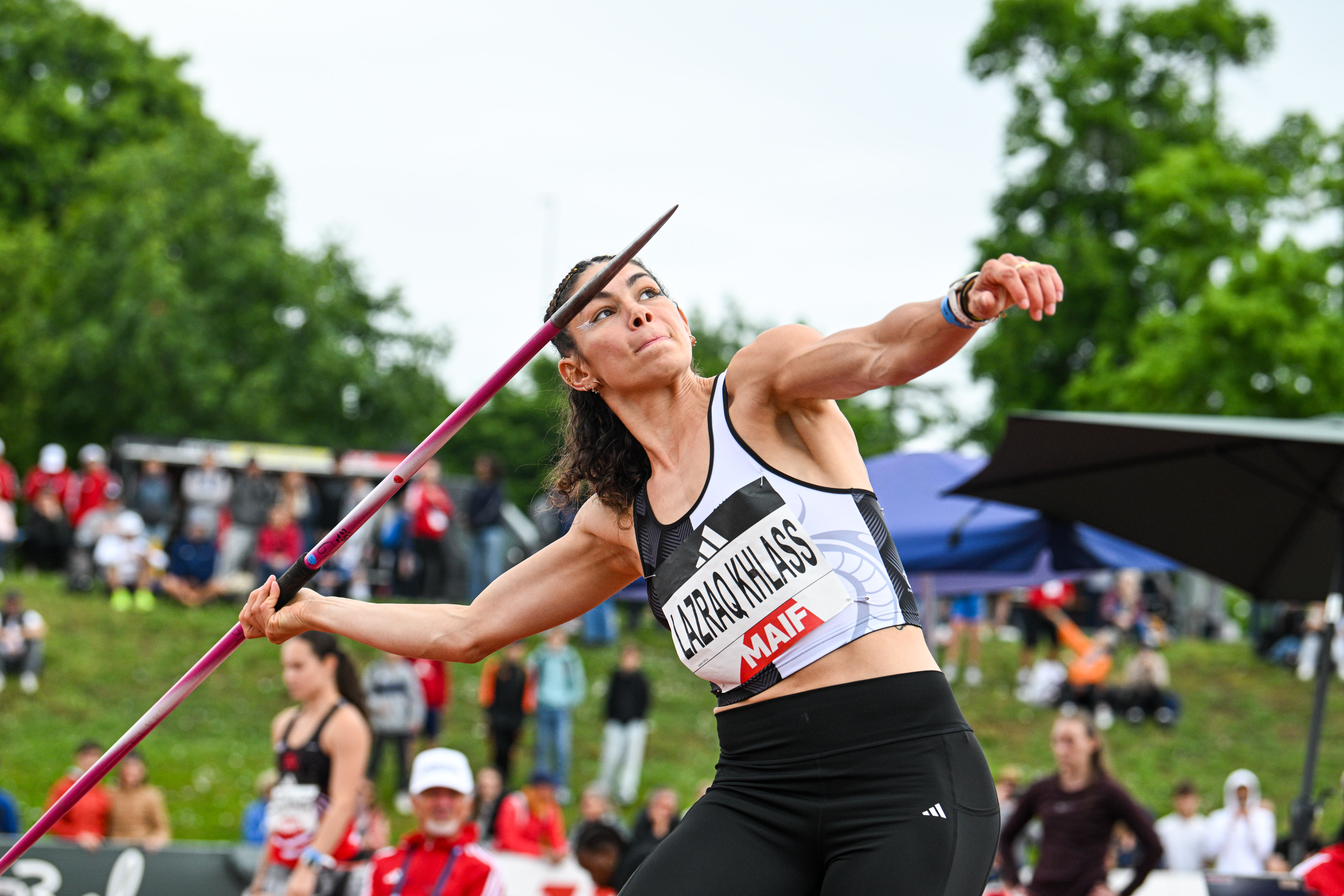 Auriana LAZRAQ KHLASS competes in the Womens Javelin throw event during the second day of Athletics French Championships at Parc des Sports du Lac de Maine Josette & Roger Mikulak on June 29, 2024 in Angers, France. (Photo by Daniel Derajinski/Icon Sport) - Photo by Icon Sport