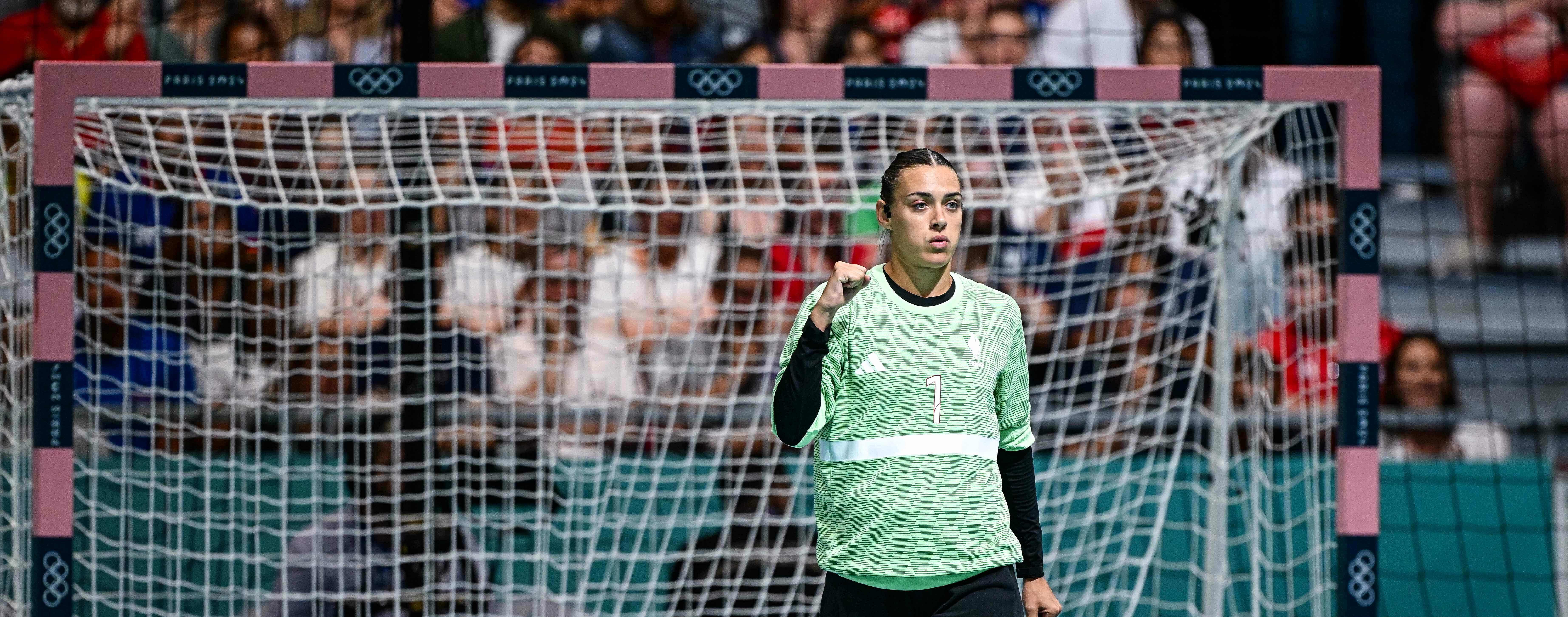 Laura GLAUSER of France celebrates during Women's Paris 2024 Olympic Games Handball match between France and Hungary at South Paris Arena on July 25, 2024 in Paris, France. (Photo by Baptiste Fernandez/Icon Sport) - Photo by Icon Sport