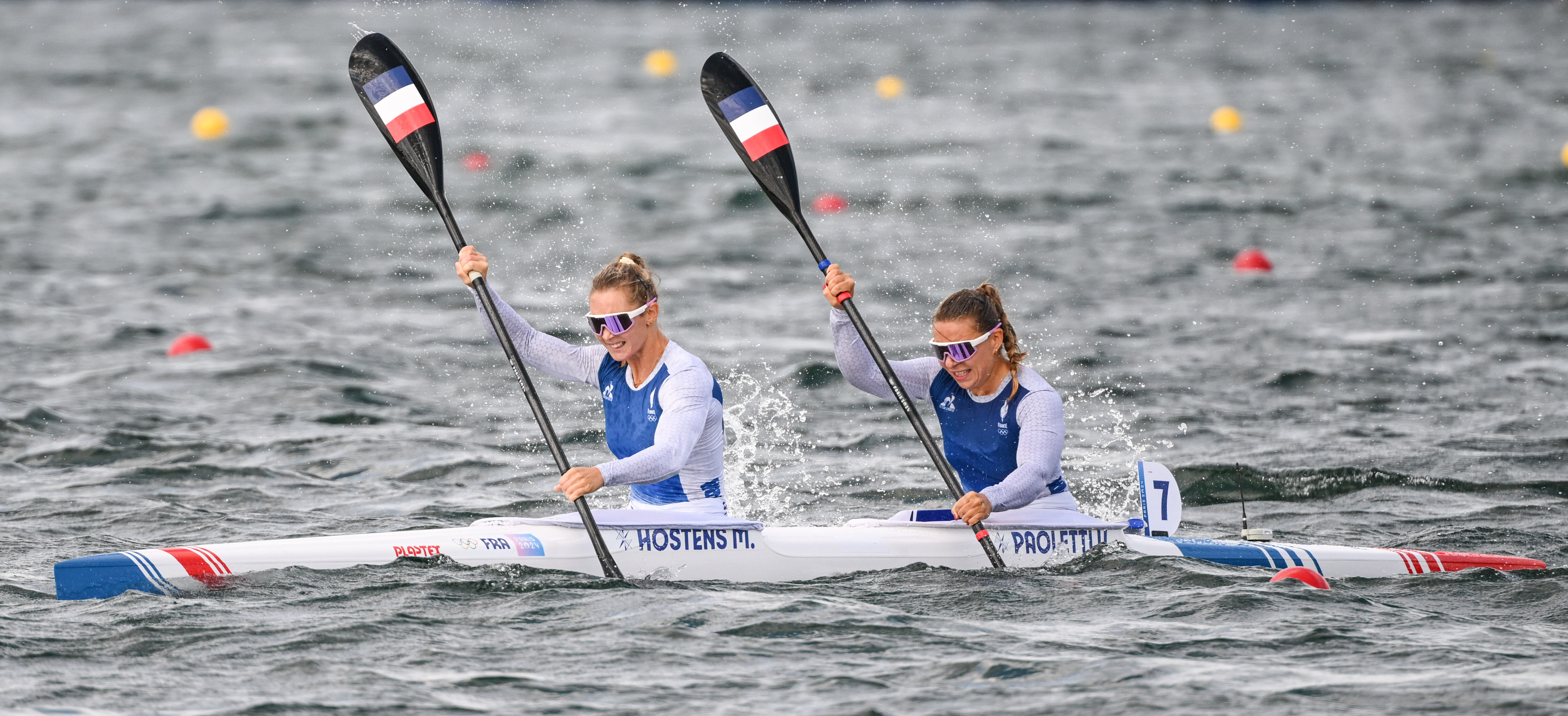 Manon HOSTENS and Vanina PAOLETTI of France (women's kayak double sprint 500m) during the Olympic Games Paris 2024 - Canoe - Day 14 at Vaires-Sur-Marne Nautical Stadium on August 9, 2024 in Paris, France. (Photo by Anthony Dibon/Icon Sport) - Photo by Icon Sport