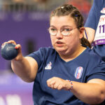 Aurelie Aubert (FRA) and her assistant Claudine Llop compete in Boccia Women's Individual BC1 during the Paralympic Games Paris 2024, at South Paris Arena 1, in Paris, France, on August 29, 2024, Photo Marie Lopez-Vivanco / KMSP || 001762_0202 SPORT GAMES JEUX PARIS 2024 PARALYMPICS 2024