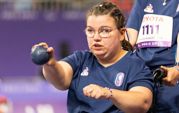 Aurelie Aubert (FRA) and her assistant Claudine Llop compete in Boccia Women's Individual BC1 during the Paralympic Games Paris 2024, at South Paris Arena 1, in Paris, France, on August 29, 2024, Photo Marie Lopez-Vivanco / KMSP || 001762_0202 SPORT GAMES JEUX PARIS 2024 PARALYMPICS 2024