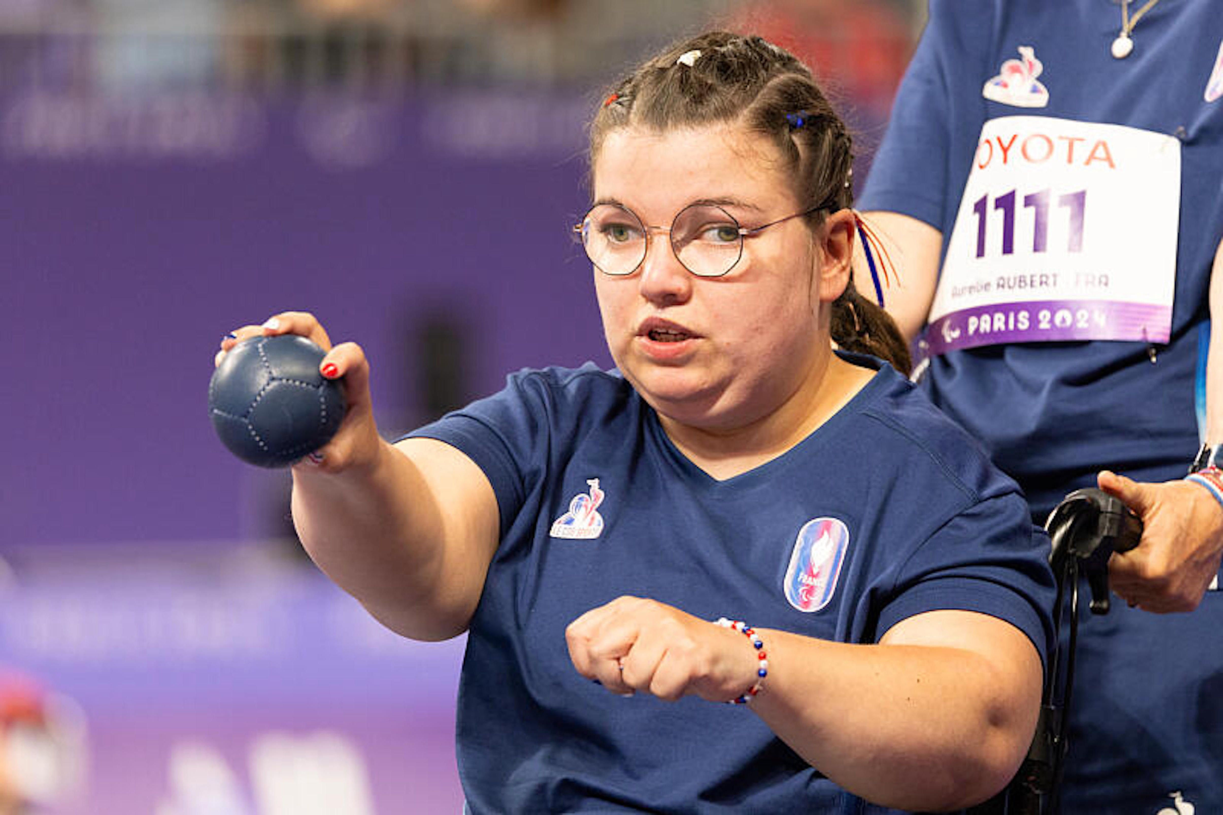 Aurelie Aubert (FRA) and her assistant Claudine Llop compete in Boccia Women's Individual BC1 during the Paralympic Games Paris 2024, at South Paris Arena 1, in Paris, France, on August 29, 2024, Photo Marie Lopez-Vivanco / KMSP || 001762_0202 SPORT GAMES JEUX PARIS 2024 PARALYMPICS 2024