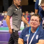 Aurelie Aubert (FRA) and her assistant Claudine Llop lose in Boccia Women's Individual BC1 during the Paralympic Games Paris 2024, at South Paris Arena 1, in Paris, France, on August 29, 2024, Photo Marie Lopez-Vivanco / KMSP || 001762_0236 SPORT GAMES JEUX PARIS 2024 PARALYMPICS 2024