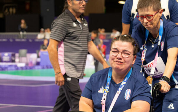 Aurelie Aubert (FRA) and her assistant Claudine Llop lose in Boccia Women's Individual BC1 during the Paralympic Games Paris 2024, at South Paris Arena 1, in Paris, France, on August 29, 2024, Photo Marie Lopez-Vivanco / KMSP || 001762_0236 SPORT GAMES JEUX PARIS 2024 PARALYMPICS 2024