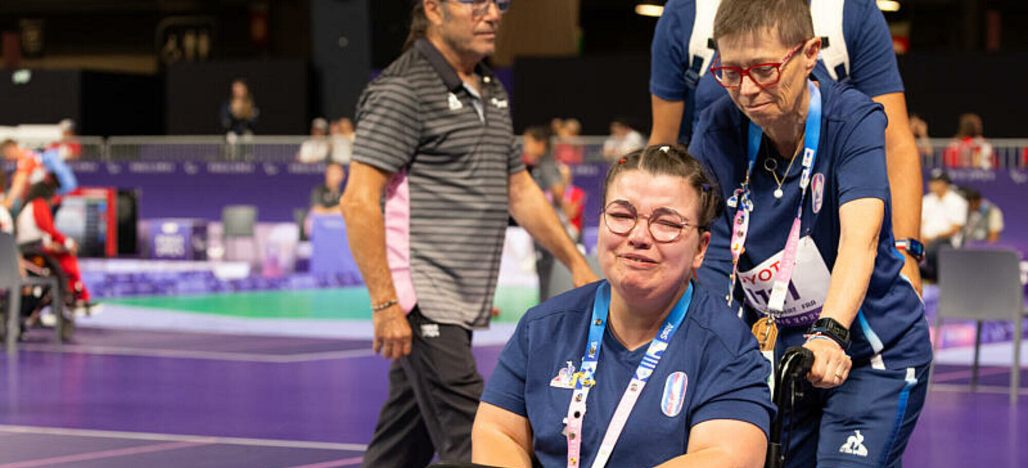 Aurelie Aubert (FRA) and her assistant Claudine Llop lose in Boccia Women's Individual BC1 during the Paralympic Games Paris 2024, at South Paris Arena 1, in Paris, France, on August 29, 2024, Photo Marie Lopez-Vivanco / KMSP || 001762_0236 SPORT GAMES JEUX PARIS 2024 PARALYMPICS 2024