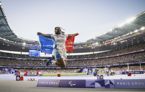 Gloria Agblemagnon (FRA) silver medal celebrates in Para Athletics Women's Shot Put F20 during the Paralympic Games Paris 2024, at Stade de France, in Saint-Denis, France, on September 01, 2024, Photo Vincent Curutchet / KMSP || 001819_0008 SPORT ATHLETISME MEDAL SILVER GAMES JEUX PARIS 2024 PARALYMPICS 2024 PARA