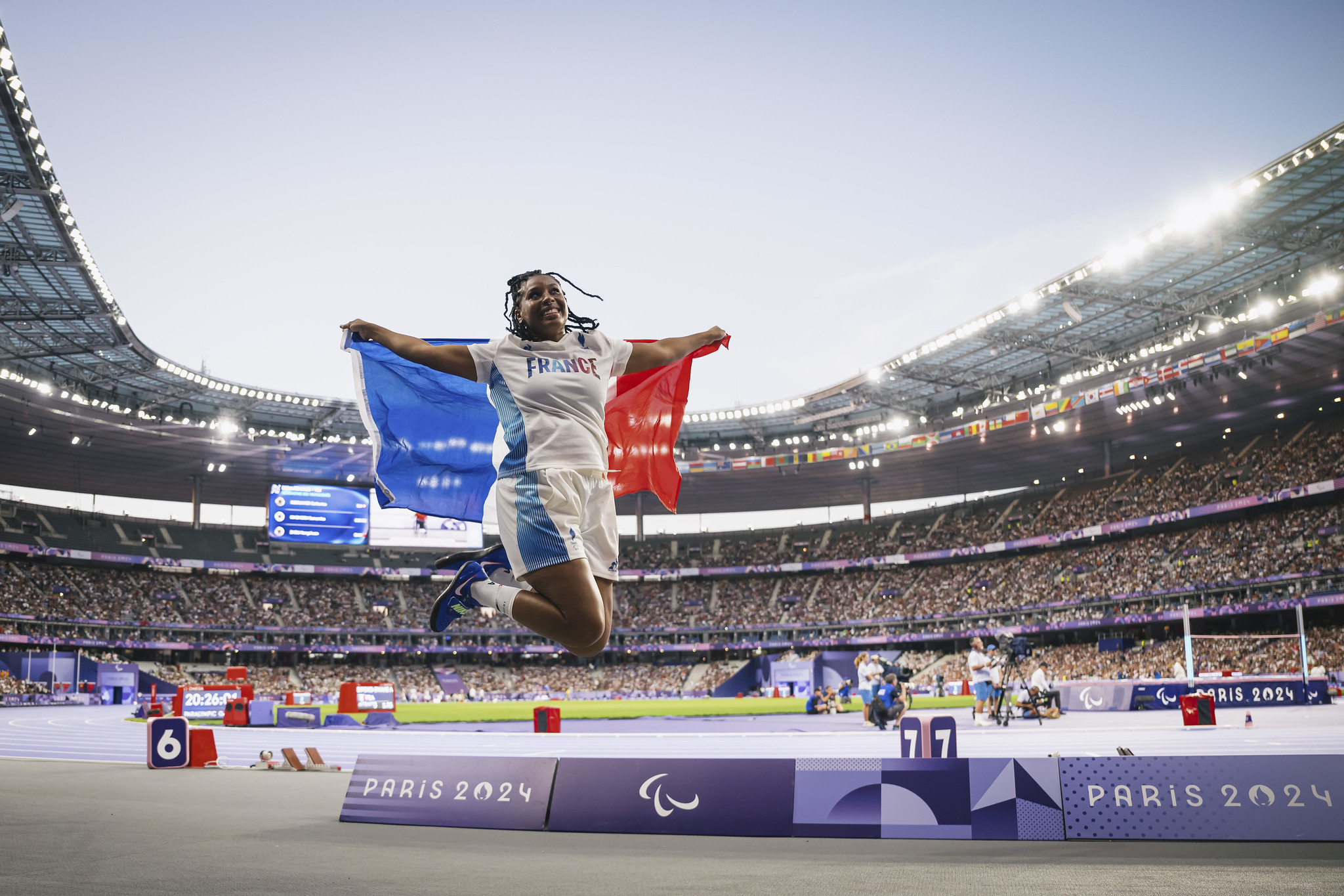 Gloria Agblemagnon (FRA) silver medal celebrates in Para Athletics Women's Shot Put F20 during the Paralympic Games Paris 2024, at Stade de France, in Saint-Denis, France, on September 01, 2024, Photo Vincent Curutchet / KMSP || 001819_0008 SPORT ATHLETISME MEDAL SILVER GAMES JEUX PARIS 2024 PARALYMPICS 2024 PARA