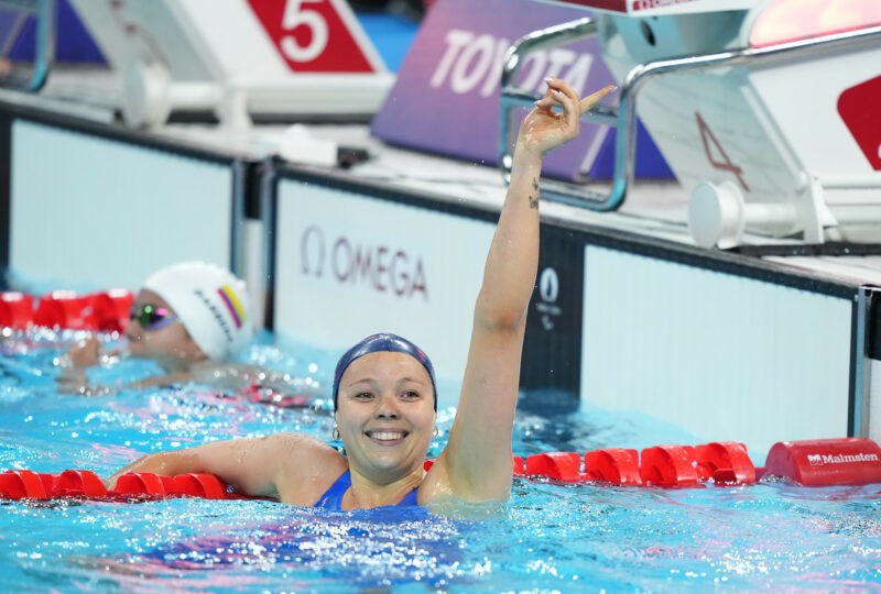 Emeline Pierre (FRA) competes in Para Swimming Women's 100m Freestyle S10 during the Paralympic Games Paris 2024, at Paris La Defense Arena, in Paris, France, on September 01, 2024, Photo Cedric Lecocq / KMSP || 001808_0032 SPORT NATATION GAMES JEUX PARIS 2024 PARALYMPICS 2024 PARA