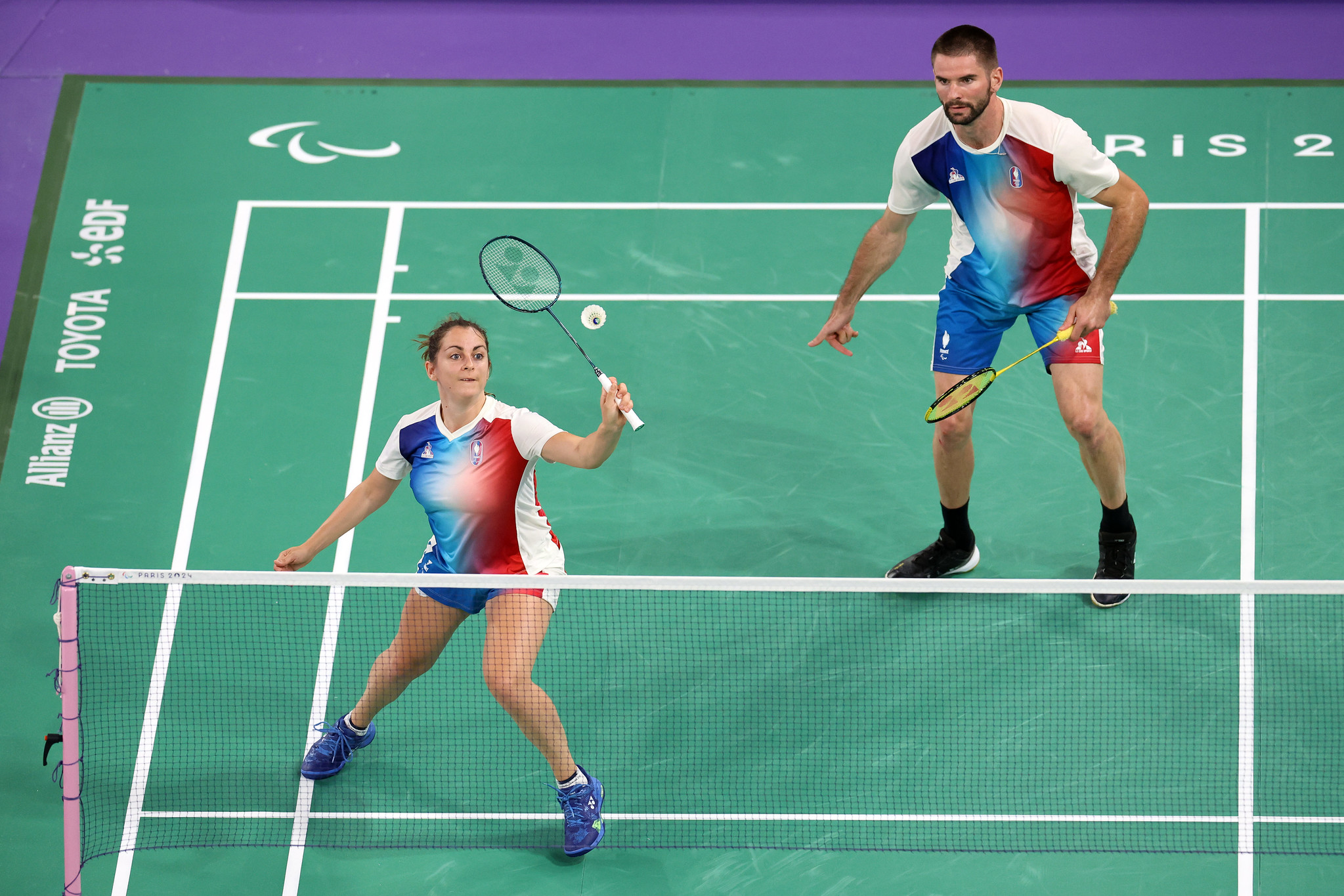 Lucas Mazur (FRA) and Faustine Noel (FRA) broze medal compete in Para Badminton Mixed Doubles SL3-SU5 during the Paralympic Games Paris 2024, at La Chapelle Arena, in Paris, France, on September 02, 2024, Photo Picout Gregory / KMSP || 001827_0027 SPORT GAMES JEUX PARIS 2024 PARALYMPICS 2024 PARA