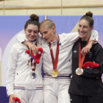 France's Marie Patouillet (centre) with the gold medal, alongside France's Heidi Gaugain (left) with silver and New Zealand's Nicole Murray with bronze after the Women's C5 3000m Individual Pursuit Final at the National Velodrome on day four of the Paris 2024 Summer Paralympic Games. Picture date: Sunday September 1, 2024. - Photo by Icon Sport