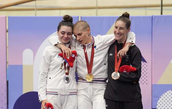 France's Marie Patouillet (centre) with the gold medal, alongside France's Heidi Gaugain (left) with silver and New Zealand's Nicole Murray with bronze after the Women's C5 3000m Individual Pursuit Final at the National Velodrome on day four of the Paris 2024 Summer Paralympic Games. Picture date: Sunday September 1, 2024. - Photo by Icon Sport