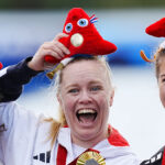 Great Britain's Laura Sugar (centre) celebrates with the gold medal on the podium after winning the Women's Kayak Single 200m - KL3 Final, alongside France's Nelia Barbosa (left) who won silver and Germany's Felicia Laberer who won bronze at the Vaires-sur-Marne Stadium on day eleven of the Paris 2024 Summer Paralympic Games. Picture date: Sunday September 8, 2024. - Photo by Icon Sport